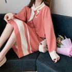 Set: Color-panel Tie-neck Sweater + A-line Skirt