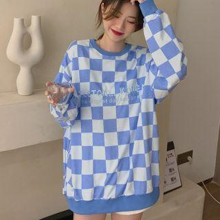 Letter Embroidered Checkerboard Pattern Sweatshirt