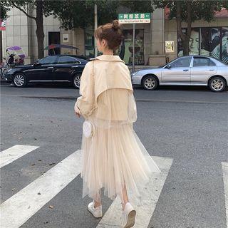 Double Breasted Mesh Paneled Jacket / A-line Midi Skirt