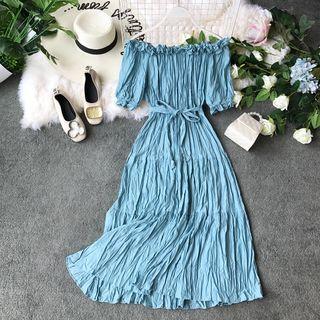 Ruched Off-shoulder Dress With Sash