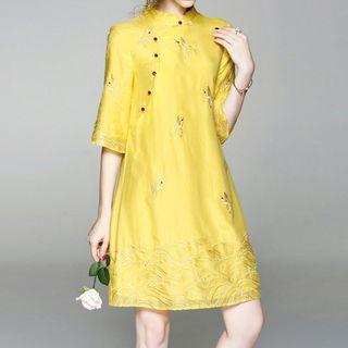 Elbow-sleeve Stand-collar A-line Dress