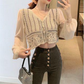 Floral Embroidery Button-up Cropped Blouse Almond - One Size