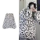 Long Sleeve Leopard Pattern Lambswool Hooded Jacket White - One Size