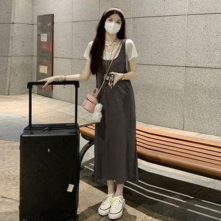 Mock Two-piece Short-sleeve Midi A-line Dress Dress - Brown - One Size