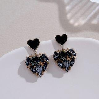Heart Faux Crystal Dangle Earring 1 Pair - Silver Needle - Heart - Black - One Size