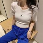 Short-sleeve Floral Embroidered Knitted Cropped Top