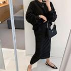 Set: Drop-shoulder Pullover + Ruched Long Skirt