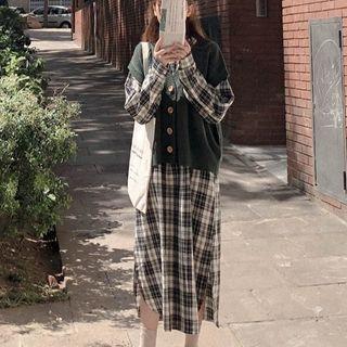 Plaid Long-sleeve Midi Shirtdress / Plain Button Knit Vest