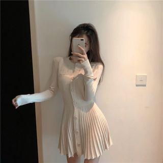 Pocket Detail Long-sleeve Knit A-line Dress Almond - One Size