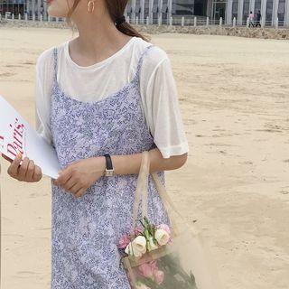 Spaghetti Strap Patterned Midi Chiffon Dress Purple - One Size