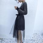 Set: Long-sleeve Glitter Top + Embellished Midi Tulle Skirt