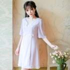 Bow Detail V-neck Elbow-sleeve A-line Dress