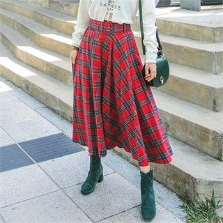Belted Plaid Long Flare Skirt