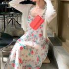 Ribbed Knit Cardigan / Halter-neck Flower Print Midi A-line Dress