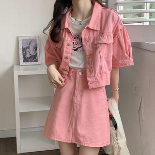 Set: Short-sleeve Denim Jacket + Mini A-line Skirt
