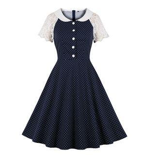 Short-sleeve Lace Panel Dotted A-line Dress