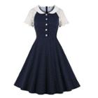 Short-sleeve Lace Panel Dotted A-line Dress