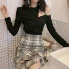 Long-sleeve Cold Shoulder Top / Plaid Cutout Mini Skirt
