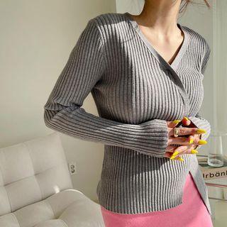 Asymmetric Wrap Rib-knit Top Gray - One Size