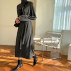 Turtleneck Long Dress With Sash Charcoal Gray - One Size