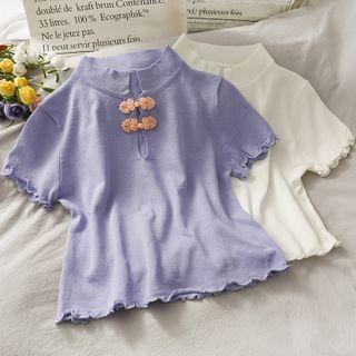 Frog-button Ruffled-trim Knit Crop Top