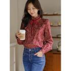 Tie-neck Frilled Napped Floral Blouse Wine Red - One Size