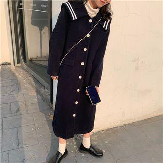 Collared Single-breasted Long Coat Blue - One Size