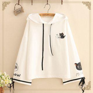 Cat Print Oversize Drawstring Hoodie