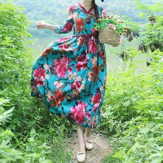 Long-sleeve Floral Tie-waist A-line Midi Dress