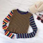 Color-block Striped Crewneck Long-sleeve Knit Top Yellow - One Size