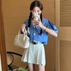 Short-sleeve Plain Shirt / Mini Pleated Skirt / Faux Leather Belt / Set