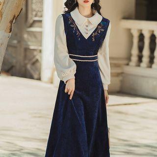 Set: Mock Two-piece Long-sleeve Velvet Dress