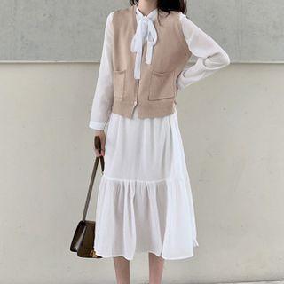 Set: Sleeveless Knit Vest + Long-sleeve Lace-up Midi Dress