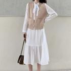 Set: Sleeveless Knit Vest + Long-sleeve Lace-up Midi Dress