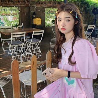 Short-sleeve Collar Pleated A-line Dress Pink - One Size