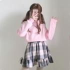 Cat Print Collared Sweatshirt / Plaid A-line Mini Skirt