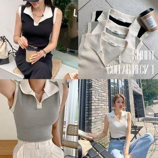 Sleeveless Ribbed Knit Polo Shirt