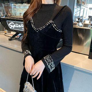 Mock Two-piece Long-sleeve Velvet A-line Dress