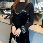 Mock Two-piece Long-sleeve Velvet A-line Dress