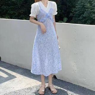 Short-sleeve Mock Two-piece Floral Midi Smock Dress