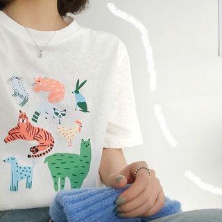 Animal Print Loose-fit Short-sleeve T-shirt White - One Size