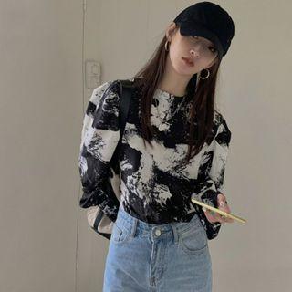Long-sleeve Tie-dye Blouse Ink Print - One Size