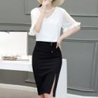 Set: V-neck Elbow-sleeve Top + Slit Pencil Skirt