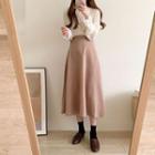 Shirred Long-sleeve Blouse / Midi A-line Skirt