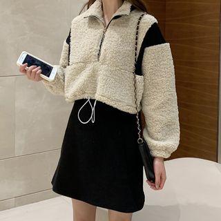 Set: Faux Shearling Sweatshirt + Spaghetti Strap Mini Dress