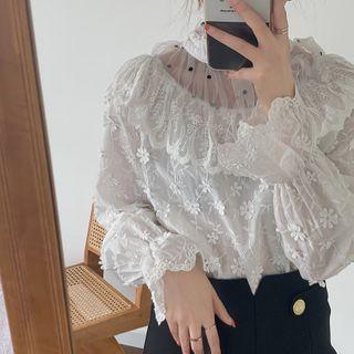 Dotted Mesh Panel Lace Blouse White - One Size