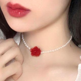 Faux Pearl Rose Choker 0505a - Rose - One Size