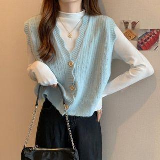 Scallop Hem V-neck Knit Vest / Long Sleeve Top