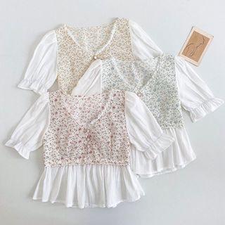 Short-sleeve V-neck Floral Panel Chiffon Blouse