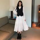 Long-sleeve Tiered Midi A-line Dress / Button-up Vest